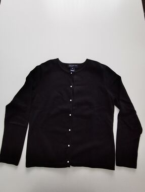 Pearl Button Black Cardigan Sweater Crew Neck Combed Cotton Blend Jones New York